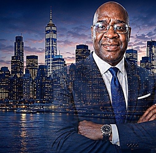 Lloyd A. Melville, Founder and CEO of USA-CreditRx LLC, standing in front of the New York City skyline